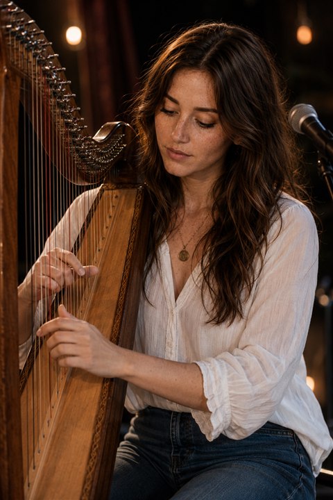 Mary Flynn playing harp during a live performance