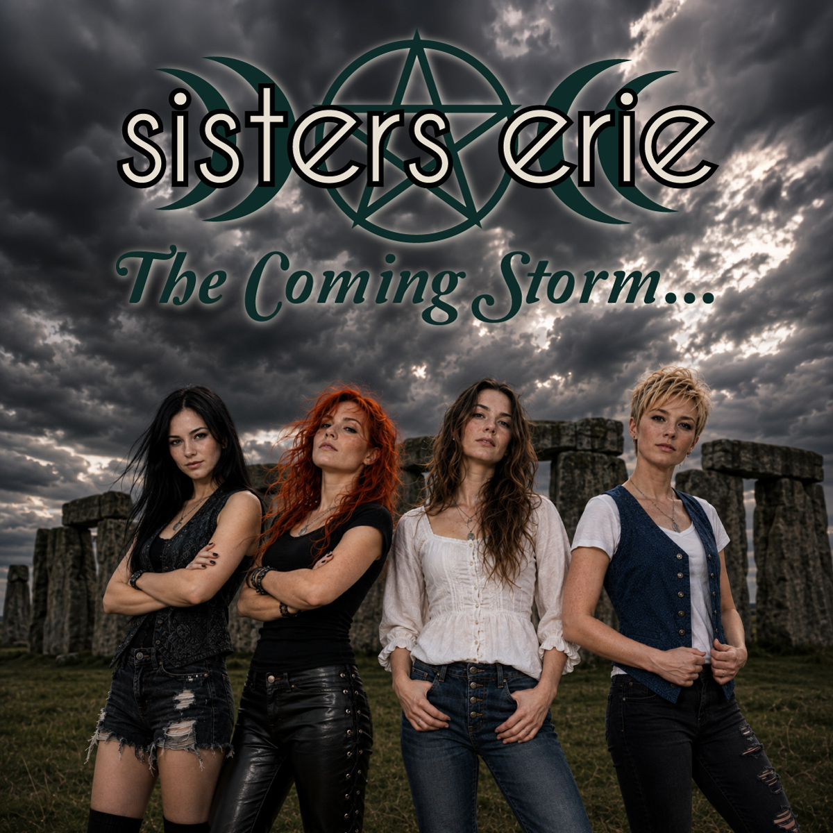 The Coming Storm EP artwork, showing Sisters Erie at Stonehenge beneath dark storm clouds